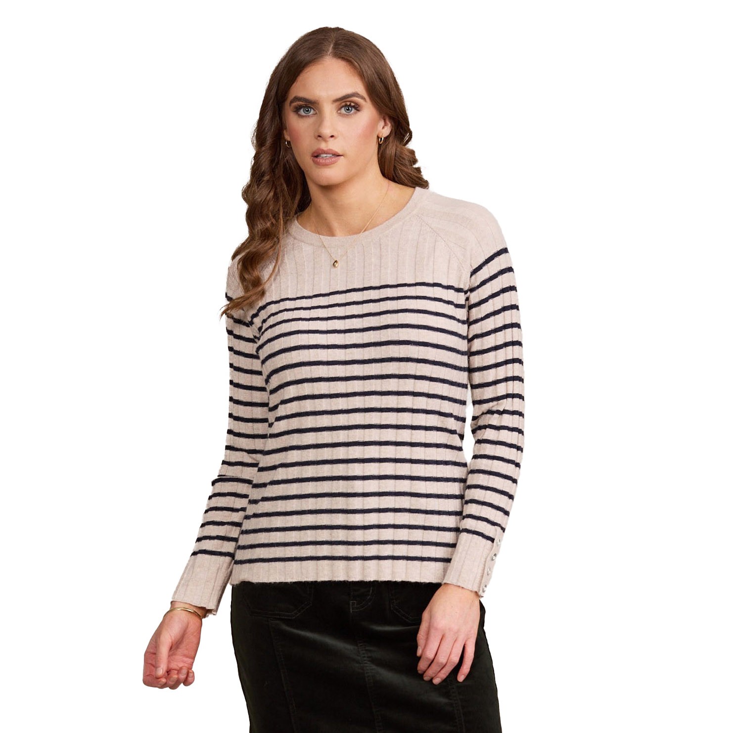 Vassalli Round Neck Ribbed Knit Jumper With Dome Cuff Detail